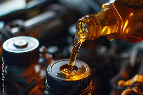 Oil pouring into car engine for maintenance.