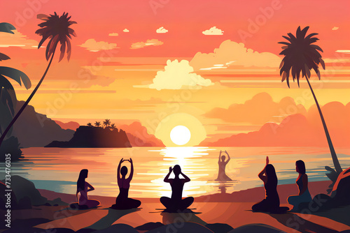Silhouette of people practicing yoga poses against a vibrant sunset backdrop over mountains.