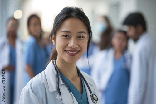 Portrait of smiling Asian female doctor in a hospital. Healthcare, medical staff