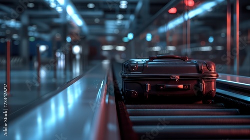Solo Suitcase on Airport Conveyor Belt at Night. © ANStudio