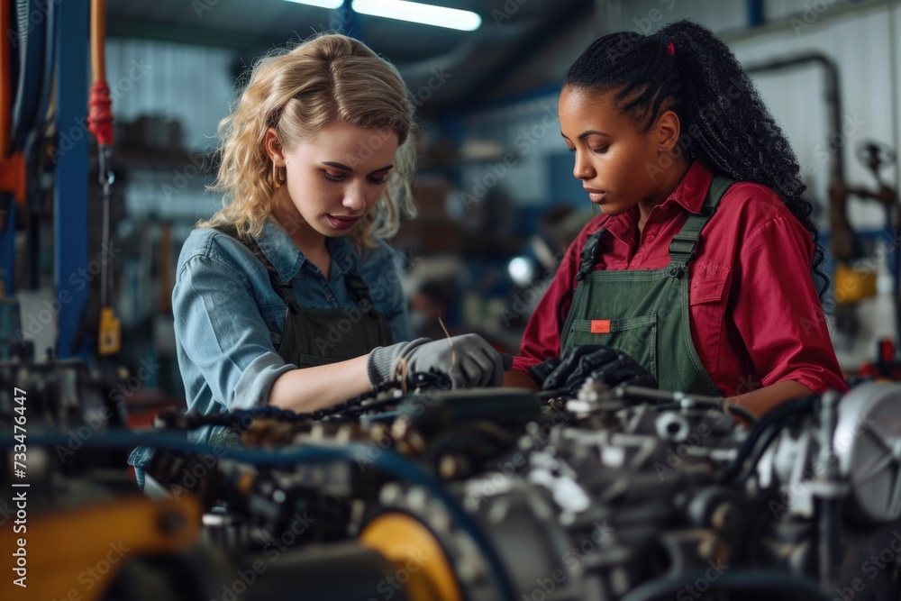 Female mechanics repairing engine in workshop. Female mechanics repairing engine in workshop.