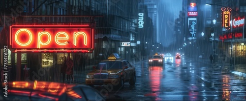 Illuminated Promise. Neon Open Sign on a Rainy City Night