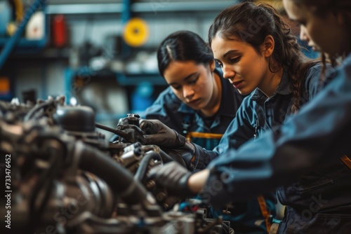 Female mechanics repairing engine in workshop.