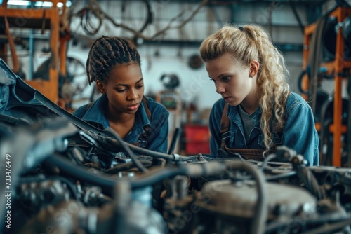 Female mechanics repairing engine in workshop.