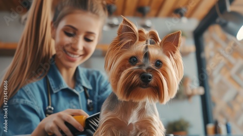 beautiful young groomer holding cute yorkshire terrier dog and smiling at camera in pet salon