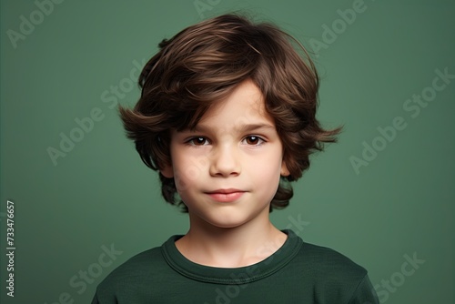 Portrait of a cute little boy with curly hair on a green background