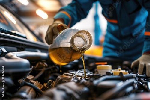 Caucasian mechanic changing car engine oil.