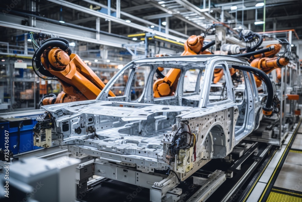 Cutting-edge electric vehicle assembly line at state-of-the-art automotive manufacturing facility Cutting-edge electric vehicle assembly line at state-of-the-art automotive manufacturing facility