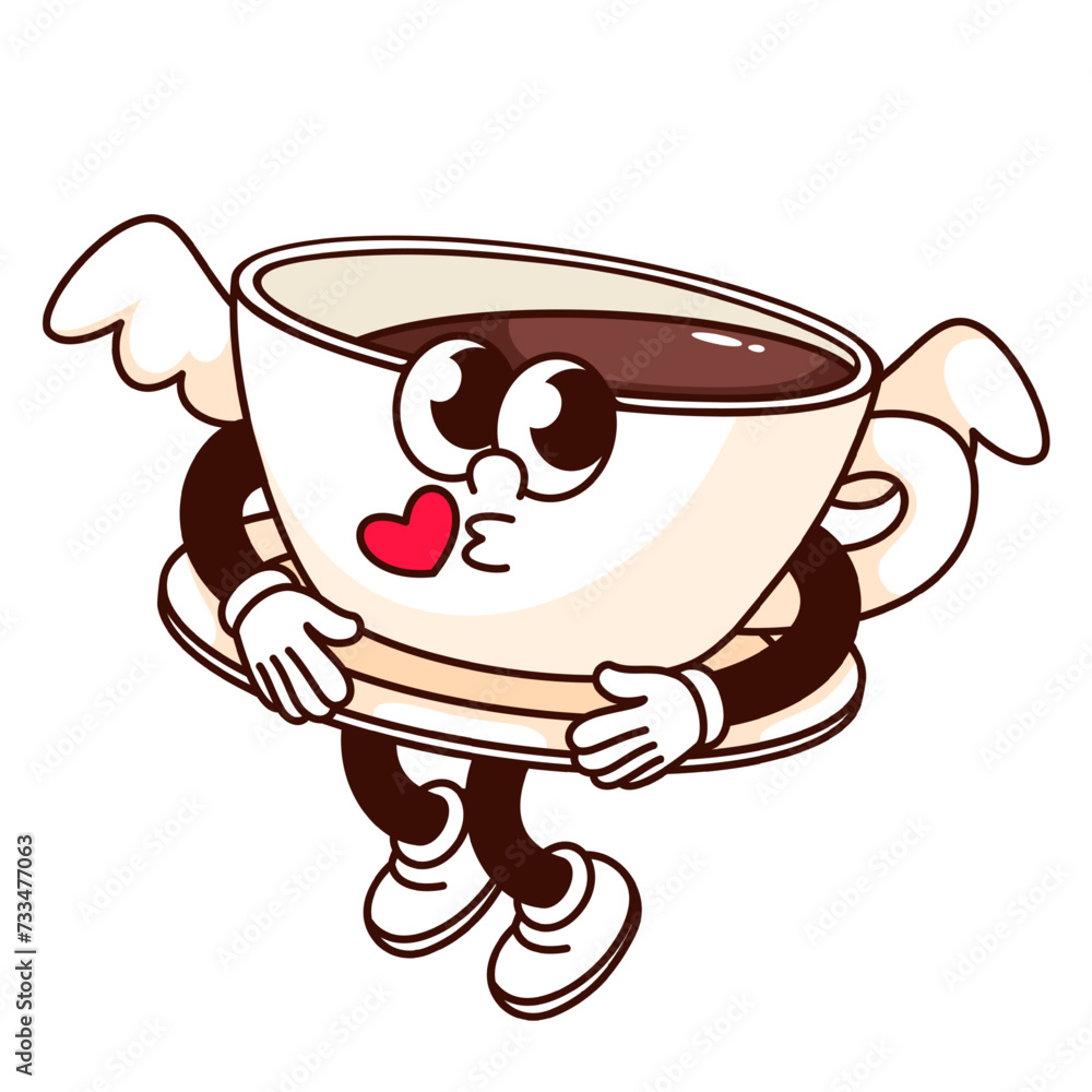 Groovy coffee cup character with wings and air kiss. Cartoon retro funny sticker of morning drink Valentine's Day, cute romantic coffee mascot, vector illustration. Groovy coffee cup character with wings and air kiss. Cartoon retro funny sticker of morning drink Valentine's Day, cute romantic coffee mascot, vector illustration.