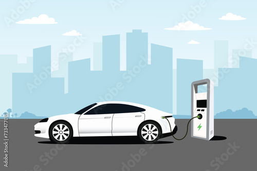 Fototapeta Naklejka Na Ścianę i Meble -  Electric car in a charging station. Cityscape background. Eps 10 file