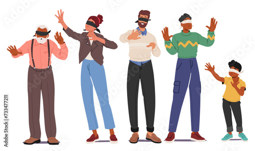 Blindfolded Characters Tentatively Reach Out, Guided By Touch Alone. Fingers Seeking Connection With Surroundings