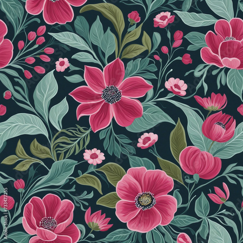 A painterly, nature-inspired blue and green floral design with dark pink and light black accents, using luxurious fabrics. Simple elegance in dark azure and light black. 