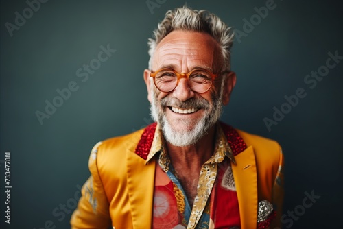 Portrait of a happy senior man wearing a yellow jacket and eyeglasses.