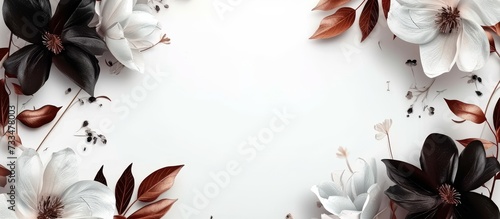 Abstract brown and white flowers on white backdrop with a light black flower frame, brown leaf texture, black background, and a white banner of happiness for Valentine's Day.