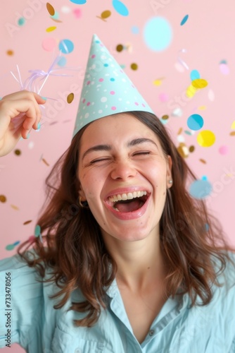 A joyful girl sporting a festive party hat and beaming with a toothy smile, adding a touch of fun and cheer to the indoor gathering