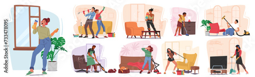 Joyful Tunes Fill The Air As People Diligently Clean Their Homes, Characters Swaying To The Rhythm While Wiping Surfaces