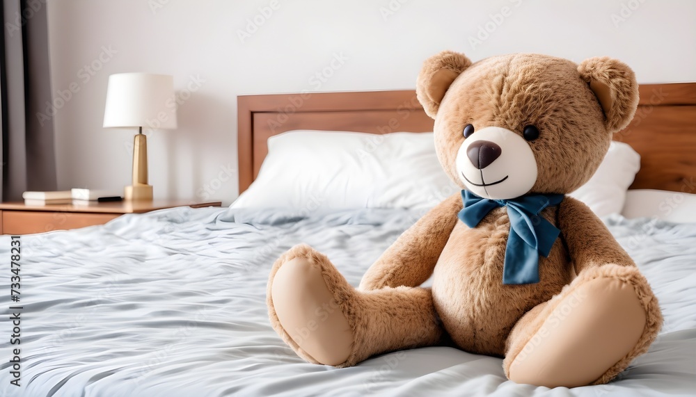 Teddy bear with a blue ribbon on a wooden bed