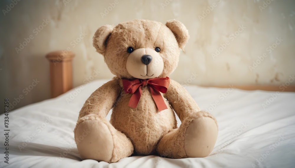 Teddy bear with a red ribbon on a bed