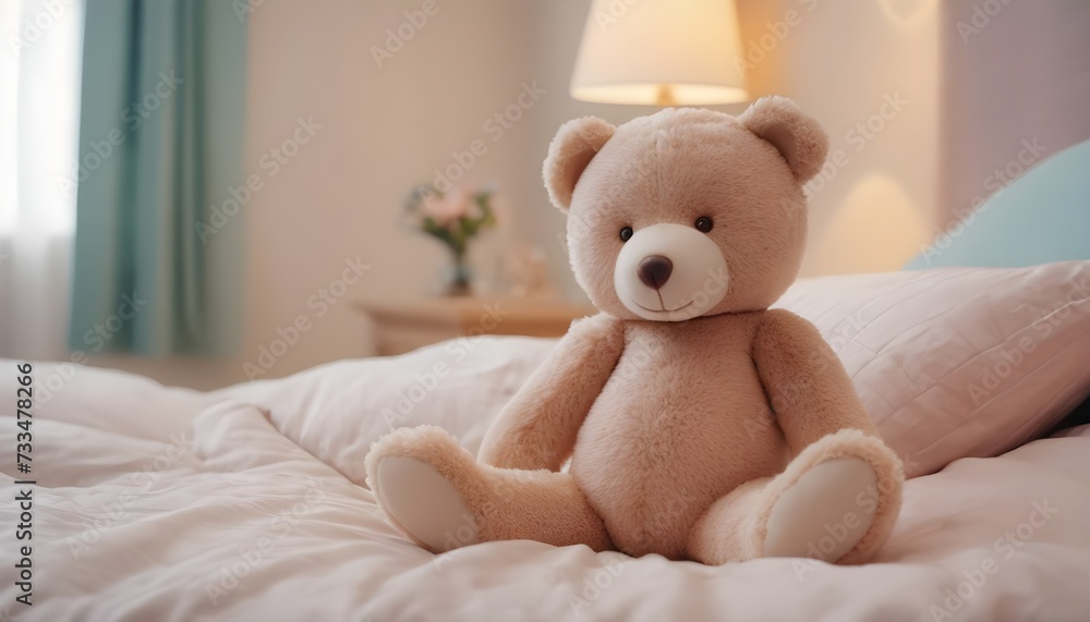 Puffy teddy bear on a warm bedroom, a lamp in the background