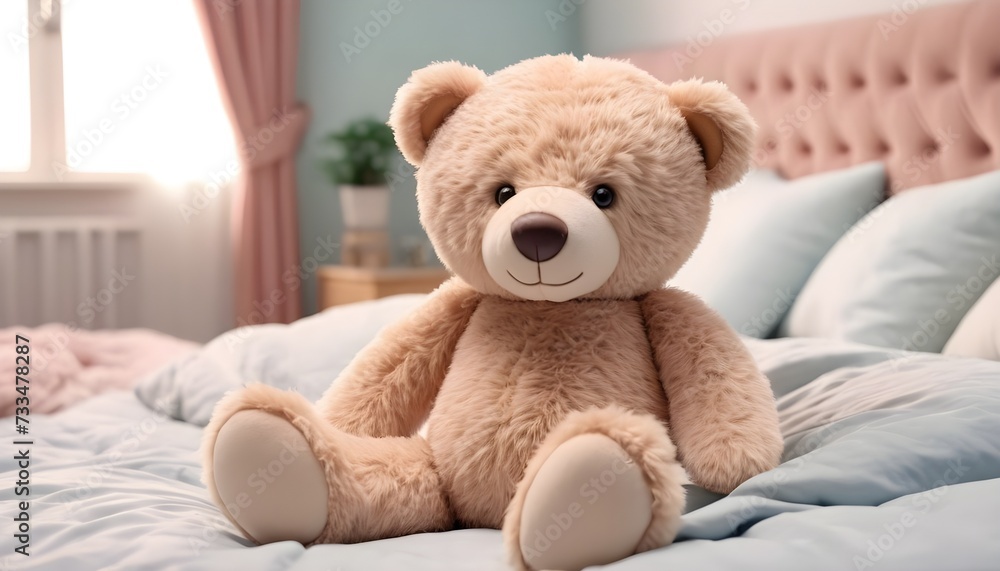 Happy teddy bear on a bed in a  pastel pink and blue bedroom