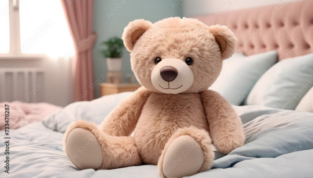 Happy teddy bear on a bed in a pastel pink and blue bedroom Happy teddy bear on a bed in a pastel pink and blue bedroom