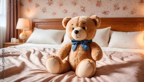 Teddy bear with a blue ribbon on a pink linen bed