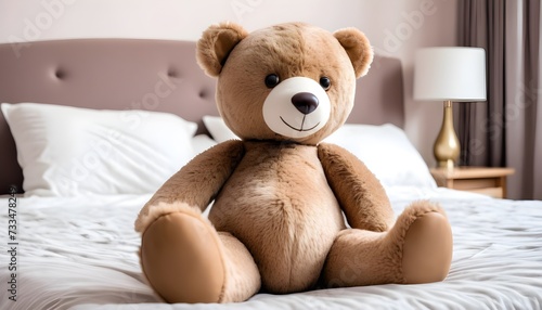 Teddy bear on a bed, in a modern bedroom