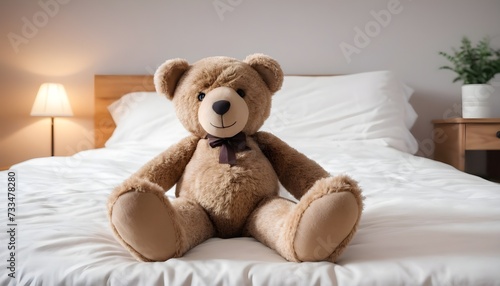 Teddy bear with a bordeaux ribbon on a bed