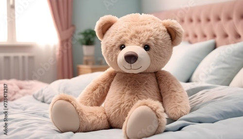 Happy teddy bear on a bed in a pastel pink and blue bedroom