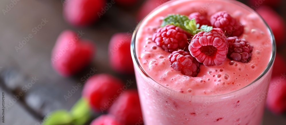 A close up of a fruity smoothie in a glass topped with fresh raspberries, made with natural ingredients like strawberries, a perfect drink for a healthy and refreshing treat. A close up of a fruity smoothie in a glass topped with fresh raspberries, made with natural ingredients like strawberries, a perfect drink for a healthy and refreshing treat.