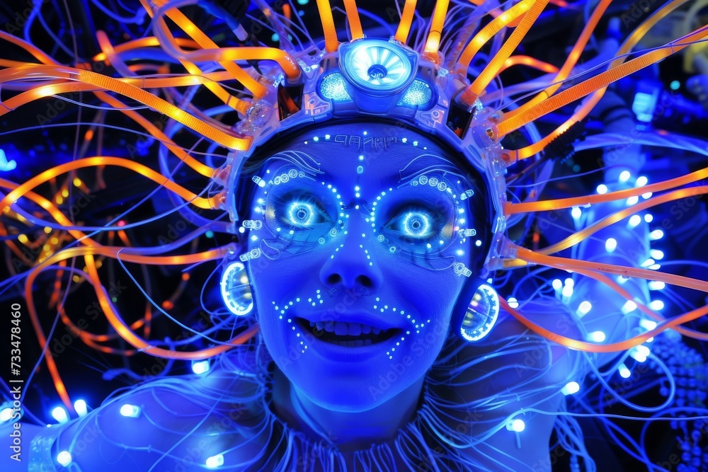 A radiant woman adorned with electric blue face paint and shimmering lights, emanating a majestic aura and beaming with a captivating smile