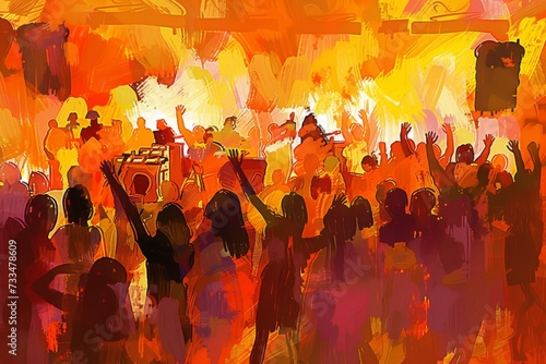 Amidst the crackling orange flames, a group of individuals embrace the warmth of the fire as they create a mesmerizing abstract masterpiece with vibrant acrylic paints, blending together to form a mo