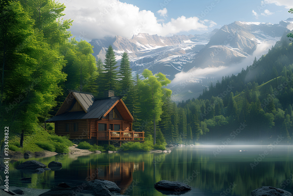 Fototapeta premium serene nature retreat, featuring a peaceful cabin surrounded by lush greenery, a calm lake, and perhaps a mountainous backdrop