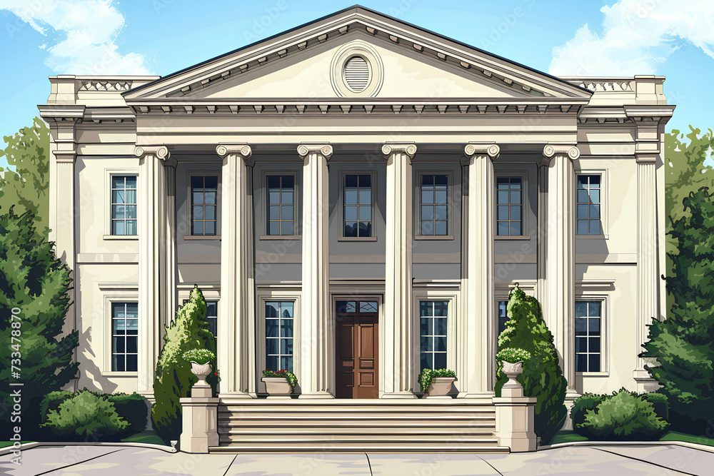Illustrate a colonial-style building facade with graceful columns, symmetrical features, and timeless charm. Convey a sense of historical elegance and architectural refinement