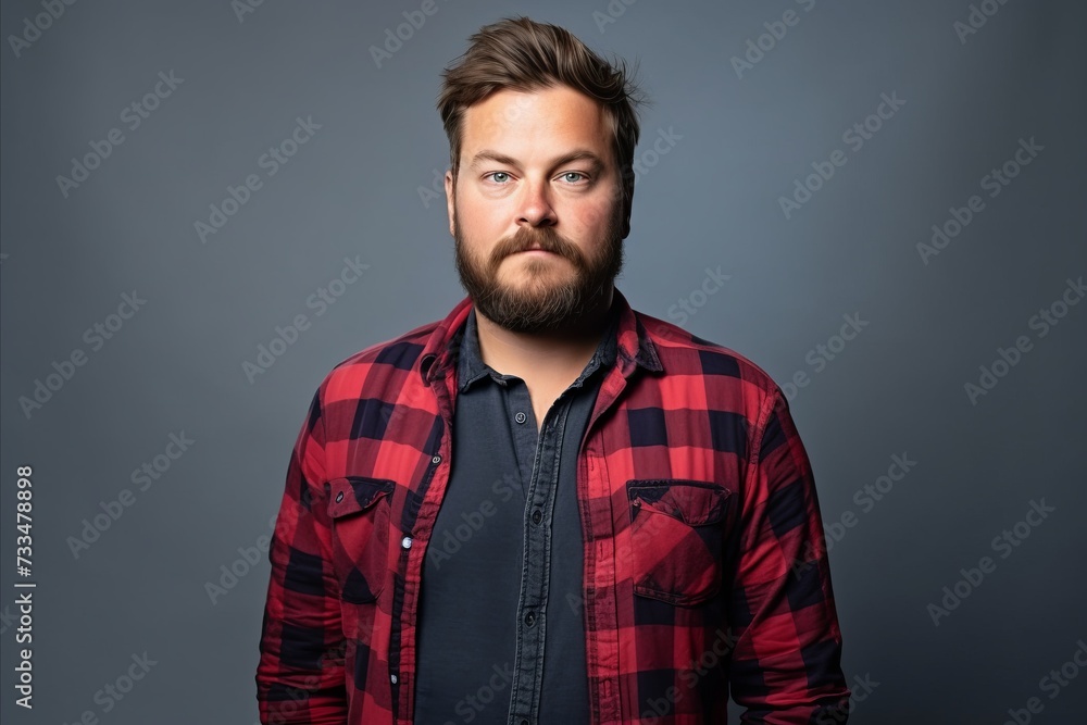 Handsome young man with beard wearing a red checkered shirt Handsome young man with beard wearing a red checkered shirt