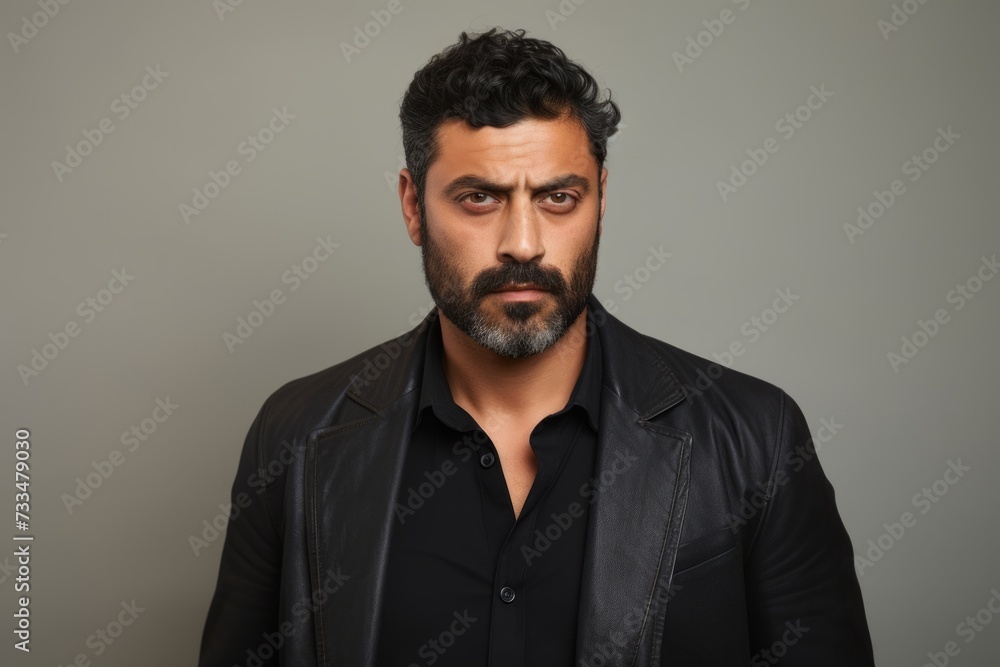 Portrait of handsome bearded man in black jacket looking at camera while standing against grey background Portrait of handsome bearded man in black jacket looking at camera while standing against grey background