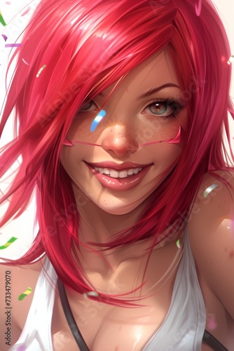 A smiling girl with fiery red hair and freckles, adorned with wing-like bangs and a bold lip, exudes confidence and beauty in her unique hairstyle and clothing