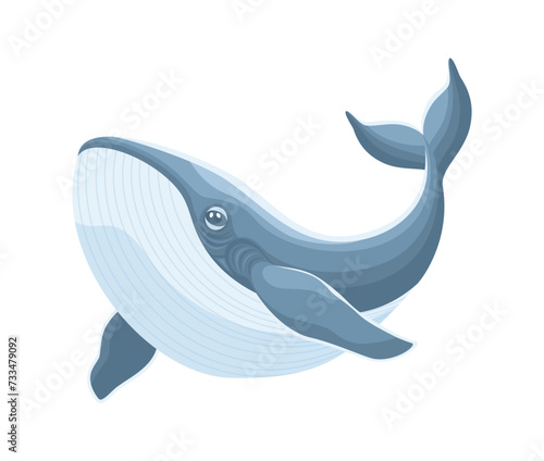 Gray blue cartoon whale isolated on white background, flat vector illustration