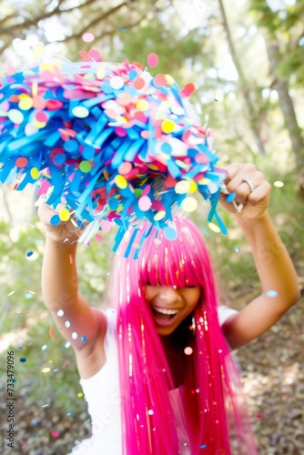 A vibrant woman with pink hair and a joyful smile stands amidst a colorful explosion of confetti, surrounded by nature's beauty and adorned with a flower accessory, exuding confidence and playful fas