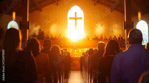 A photo of a church service on Easter Sunday, with the congregation singing hymns and celebrating the resurrection of Jesus.
