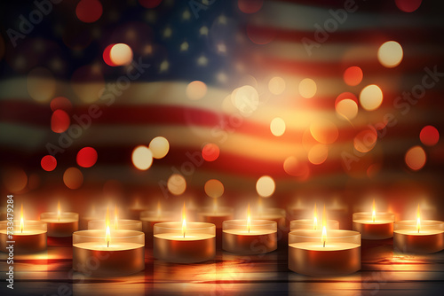A vector concept design commemorating Patriot Day, featuring the USA flag, candles, We will never forget, honoring 9/11 Remembrance Day.