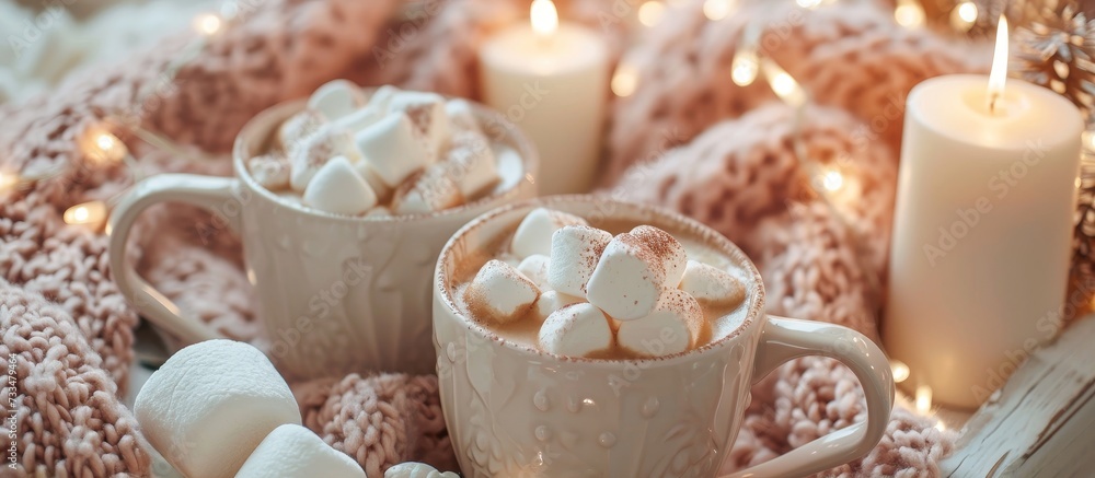 Coffee with marshmallows on a tray, decorated with white candles and pink Christmas accents, served as a morning breakfast.