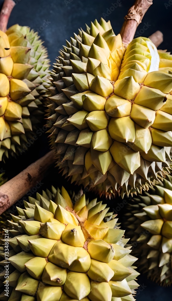 A close-up view of a group of ripe, vivid Durian with a deep, textured detail.
