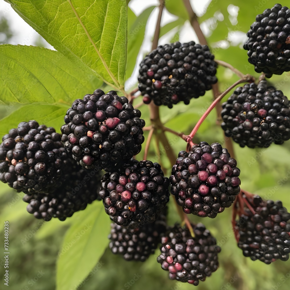 A close-up view of a group of ripe, vivid Elderberry with a deep, textured detail. A close-up view of a group of ripe, vivid Elderberry with a deep, textured detail.