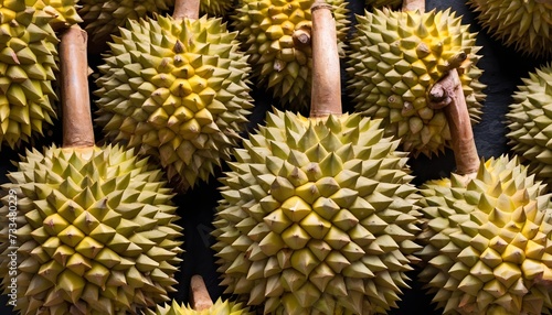 A close-up view of a group of ripe  vivid Durian with a deep  textured detail.