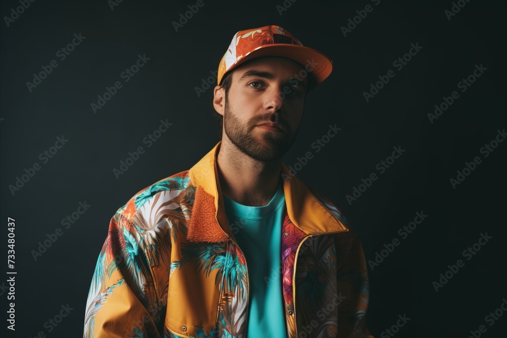 Portrait of a handsome young man in a colorful jacket and cap. Portrait of a handsome young man in a colorful jacket and cap.