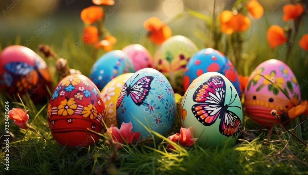Various Easter eggs with spring pattern theme and spring flowers in Green Grass background Various Easter eggs with spring pattern theme and spring flowers in Green Grass background