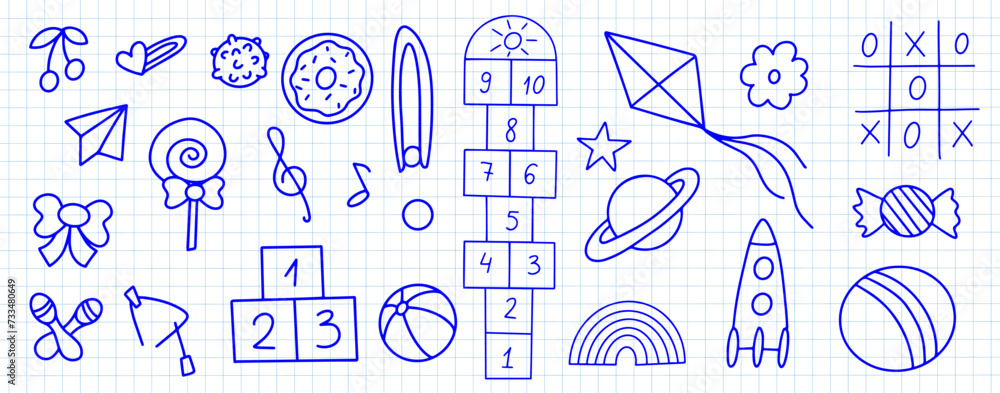 Daycare hand drawn doodle icons set. Doodle kindergarten montessori toys for nursery, school. Vector illustration Daycare hand drawn doodle icons set. Doodle kindergarten montessori toys for nursery, school. Vector illustration