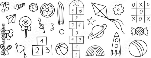 Daycare hand drawn doodle icons set. Doodle kindergarten montessori toys for nursery, school. Vector illustration