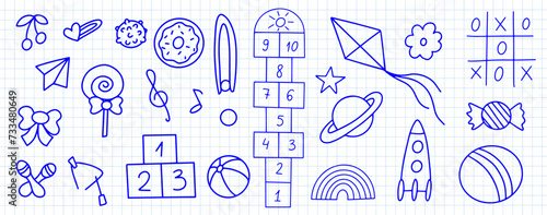 Daycare hand drawn doodle icons set. Doodle kindergarten montessori toys for nursery, school. Vector illustration